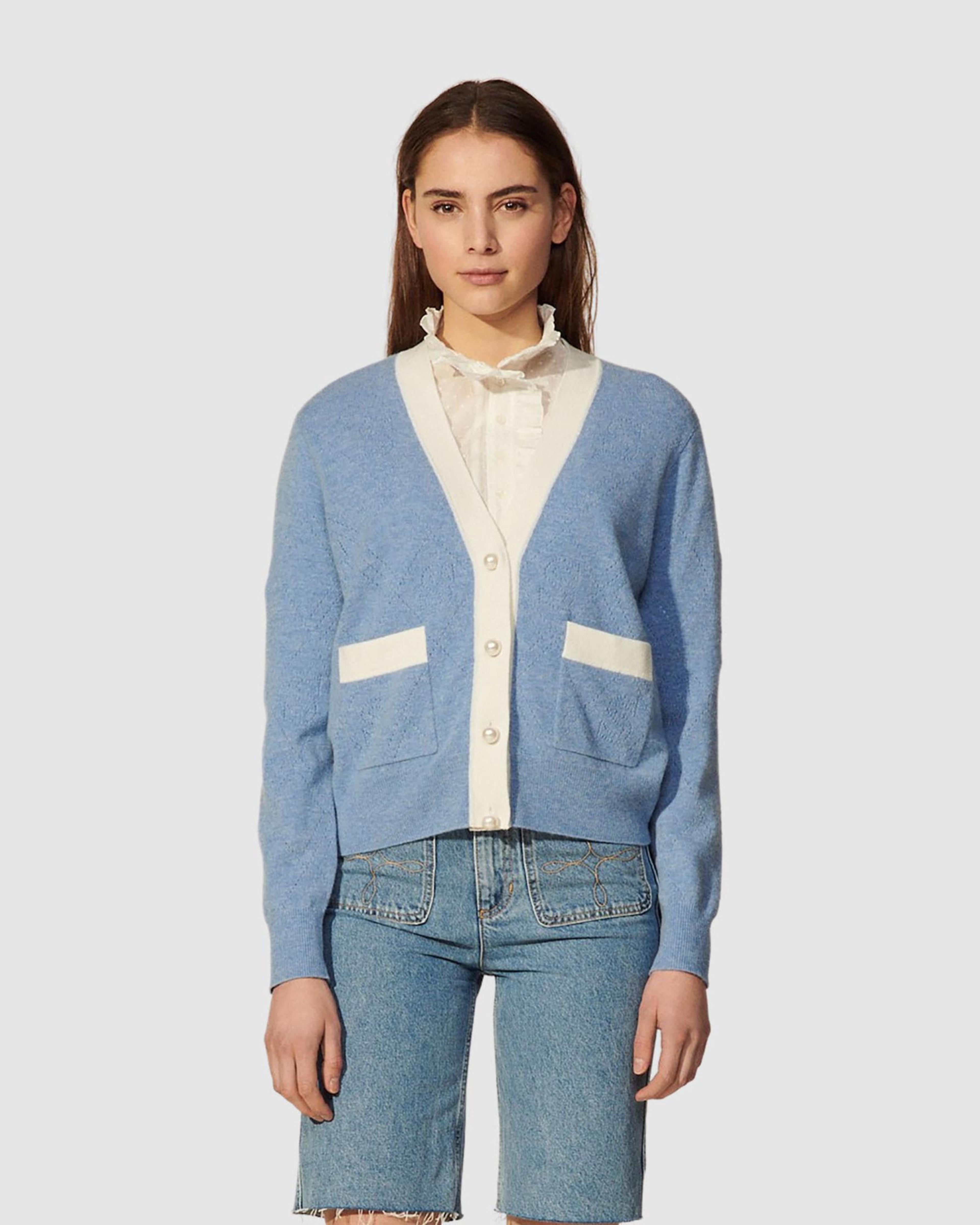 Sandro Lucas Blue and White Wool Cashmere Cardigan - Size 2 Medium