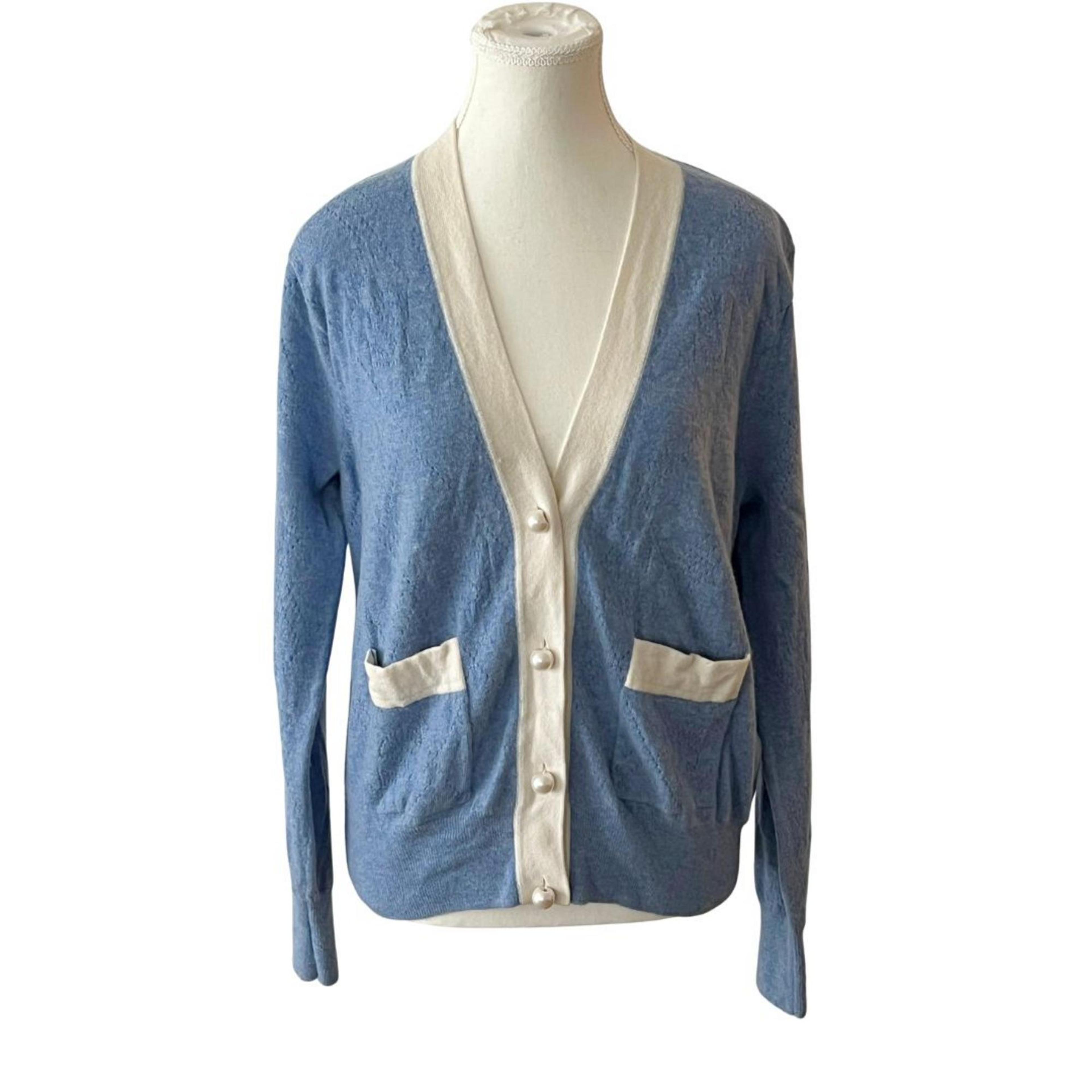 Sandro Lucas Blue and White Wool Cashmere Cardigan - Size 2 Medium thumbnail 2