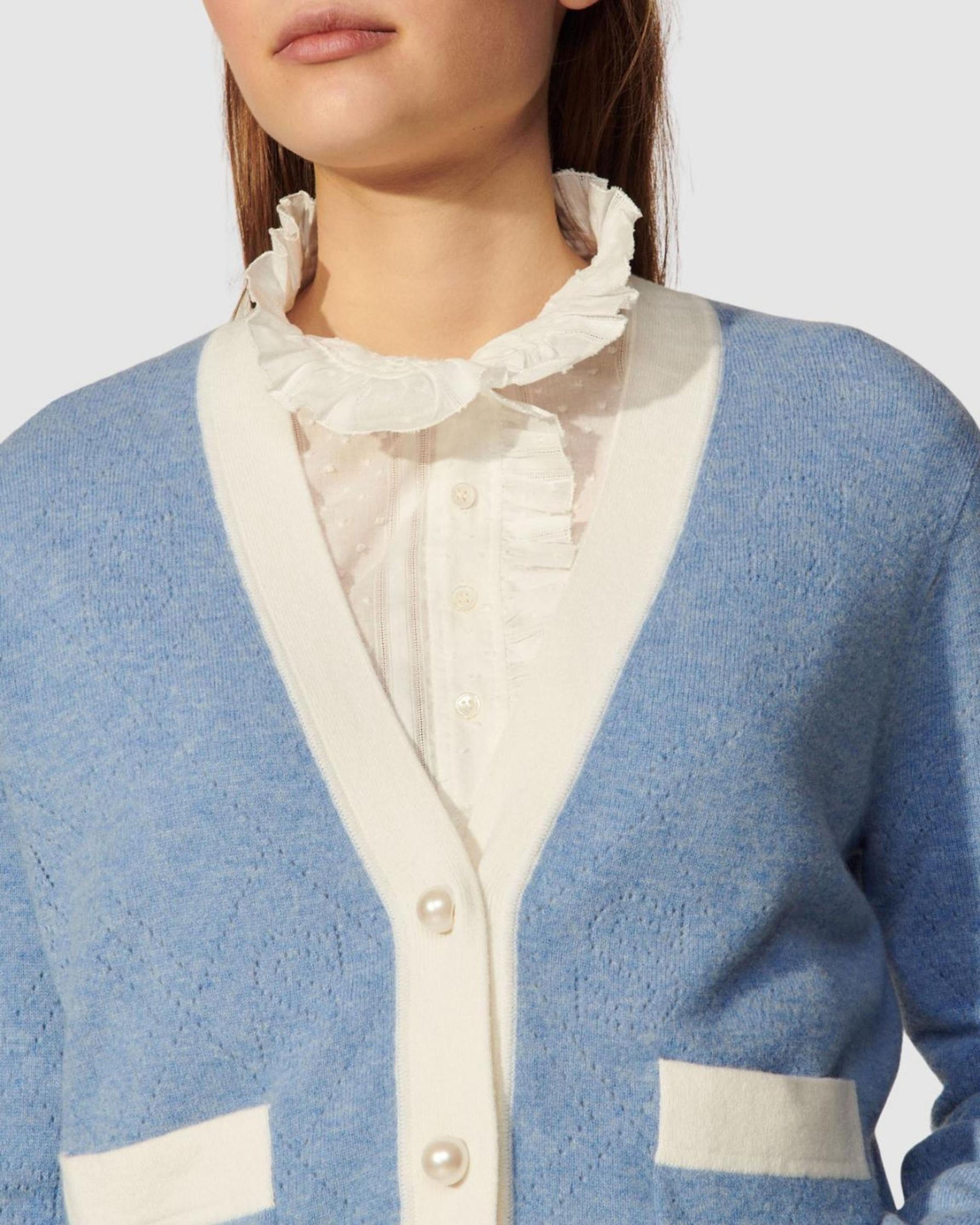 Sandro Lucas Blue and White Wool Cashmere Cardigan - Size 2 Medium thumbnail 8